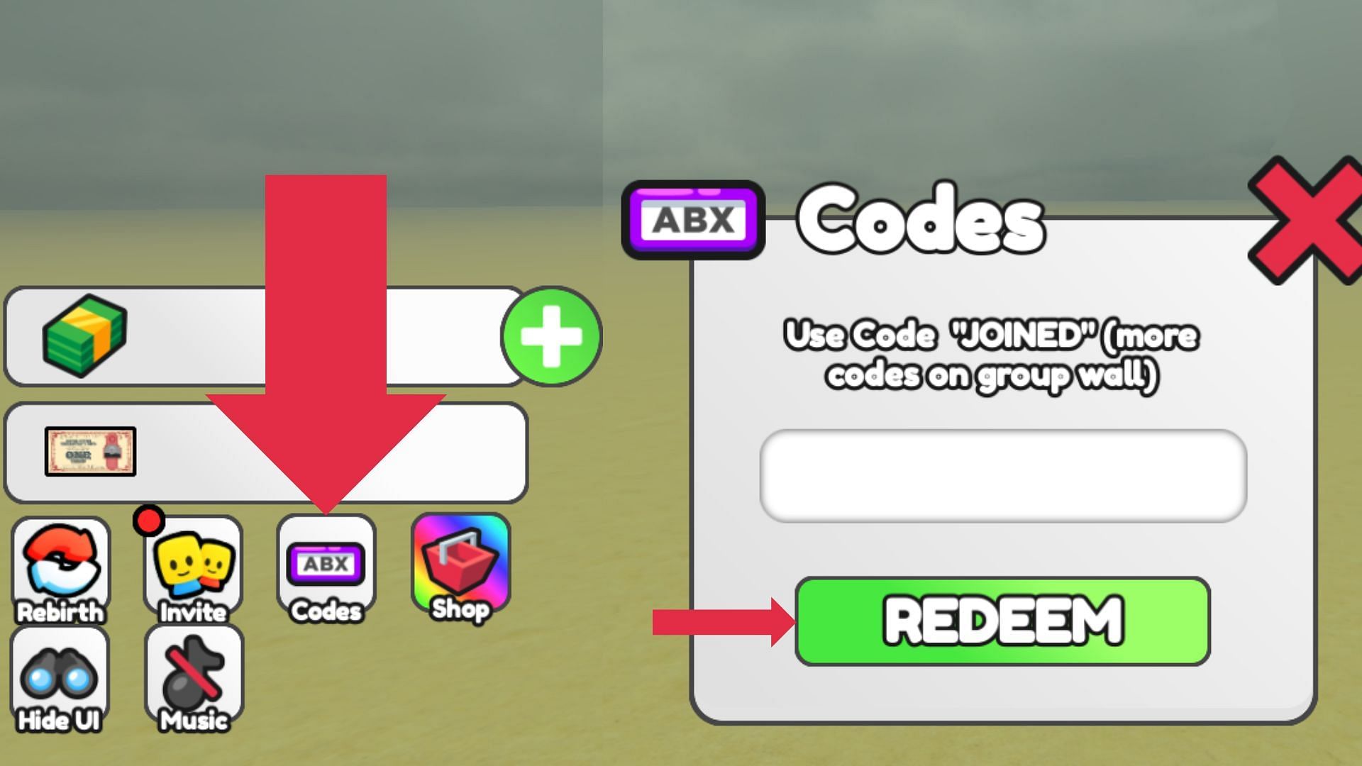 The Codes tab is indicated by a purple ABX icon (Image via Roblox)